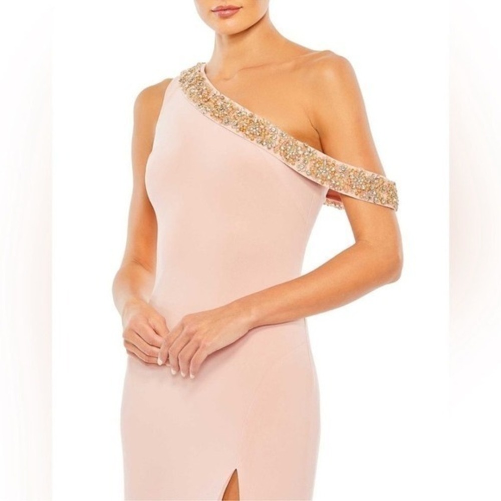 Mac Duggal Size 14 Light Pink One Shoulder Jeweled Long Maxi Gown Dress - Picture 3 of 8